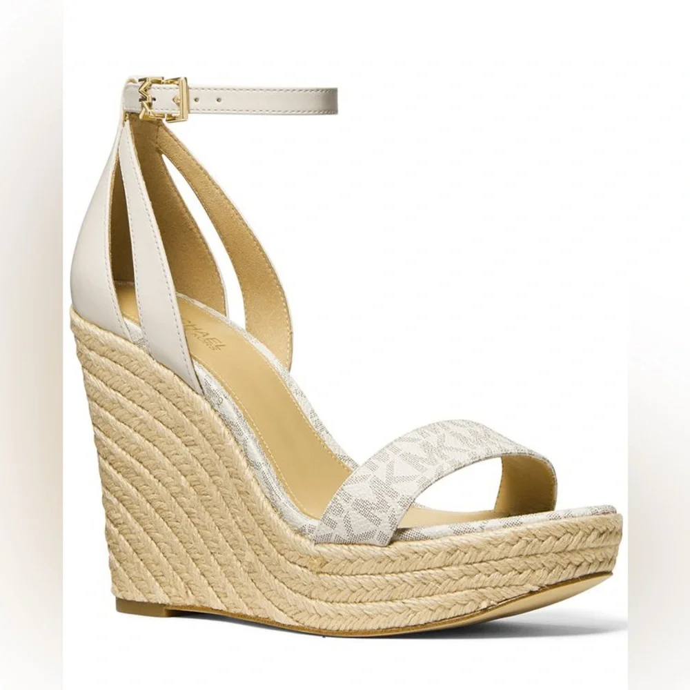 Michael Kors “Kimberly” MK logo beige vanilla wedge espadrille sandals 10
